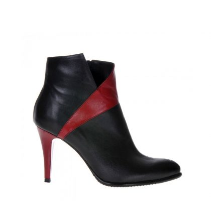 Botine piele varf ascutit negru rosu