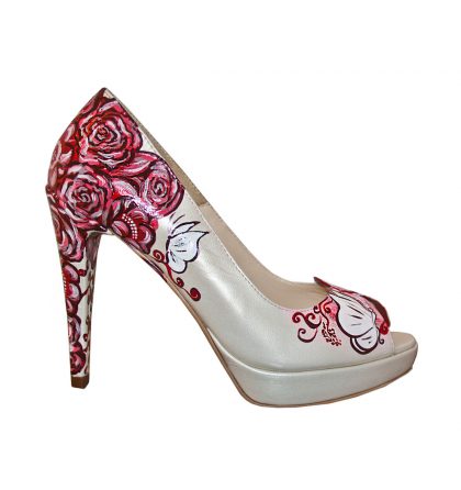 Pantofi peep toe crem sidef pictura florala