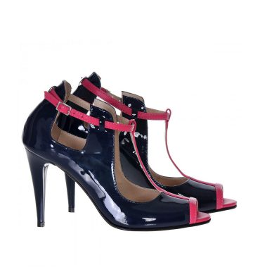 Pantofi peep toe piele bleumarin roz