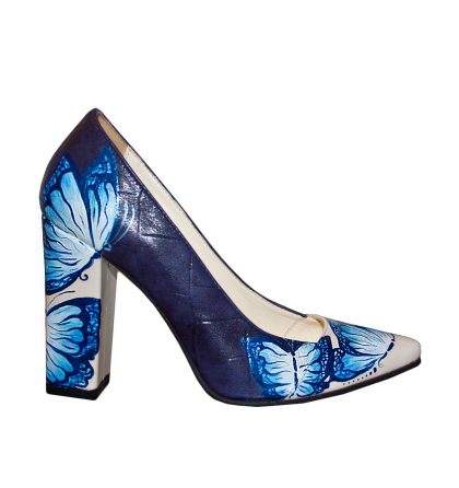 Pantofi piele bleumarin pictura fluturi albastri