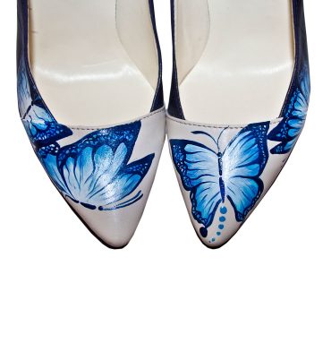 Pantofi piele bleumarin pictura fluturi albastri