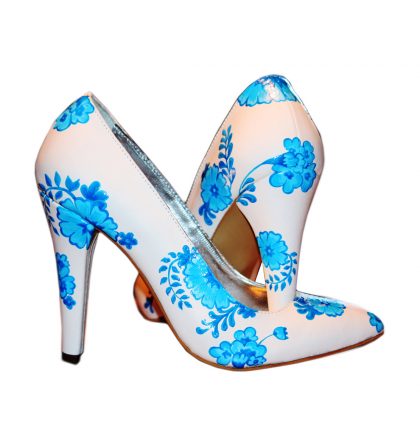 Pantofi piele flori albastre