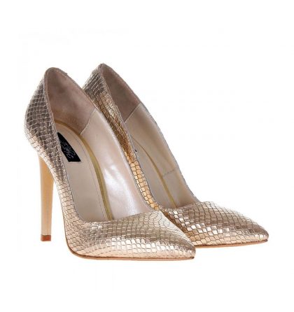Pantofi stiletto imprimeu sarpe auriu