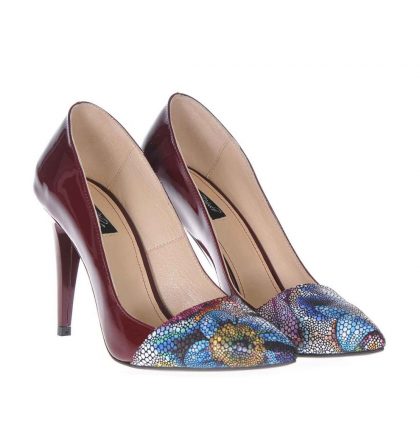 Pantofi stiletto marsala imprimeu floral