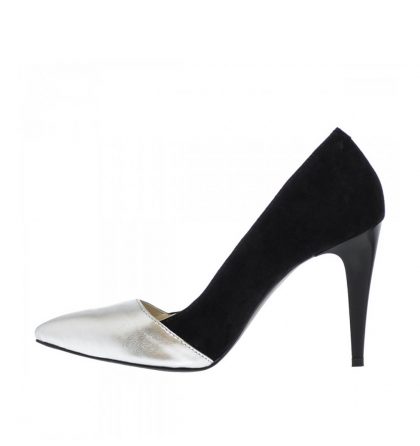 Pantofi stiletto piele argintiu negru