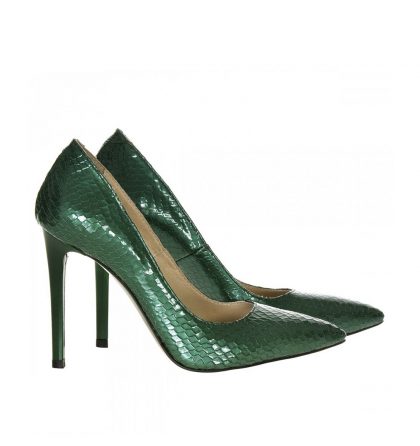 Pantofi stiletto piele imprimeu sarpe verde