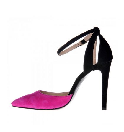 Pantofi stiletto piele intoarsa fucsia negru