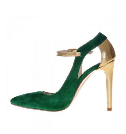Pantofi stiletto verzi piele intoarsa auriu