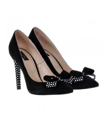 Pantofi stiletto negri piele intoarsa buline