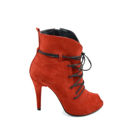 Botine rosii peep toe piele intoarsa