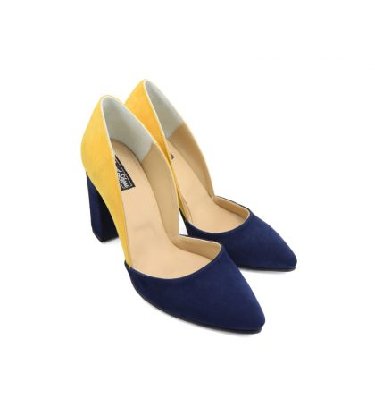 Pantofi piele intoarsa bleumarin galben