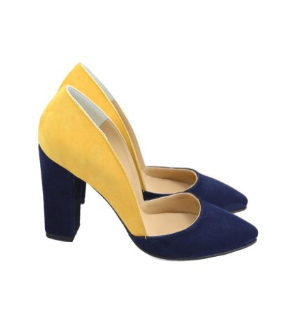 Pantofi piele intoarsa bleumarin galben