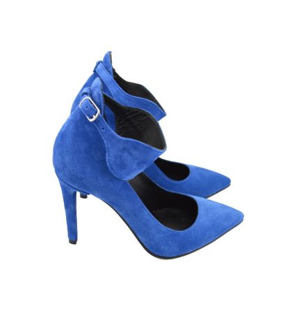 Pantofi stiletto albastri piele intoarsa bareta