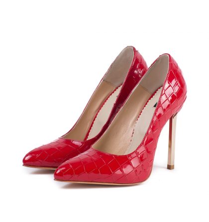 Pantofi stiletto piele lac rosu croco