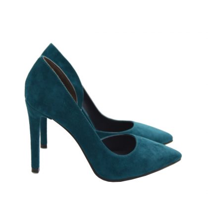 Pantofi stiletto verde turcoaz piele intoarsa