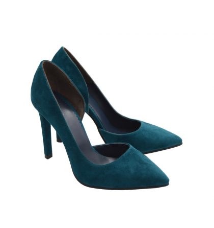 Pantofi stiletto verde turcoaz piele intoarsa