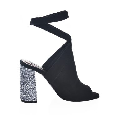 Sandale negre piele intoarsa toc glitter