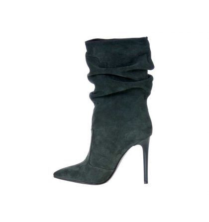 Botine stiletto verde inchis piele intoarsa