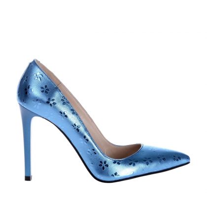 Pantofi stiletto albastru metalizat piele model floricele