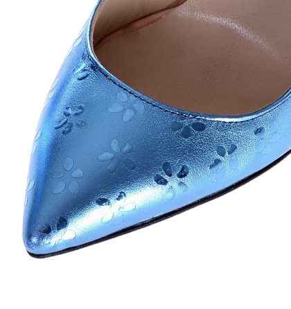 Pantofi stiletto albastru metalizat piele model floricele