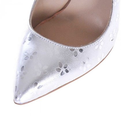 Pantofi argintii stiletto piele imprimeu floricele