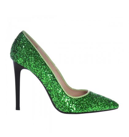 Pantofi glitter verde toc inalt