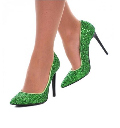 Pantofi glitter verde toc inalt