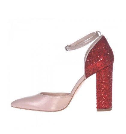 Pantofi piele bej sidefat glitter rosu