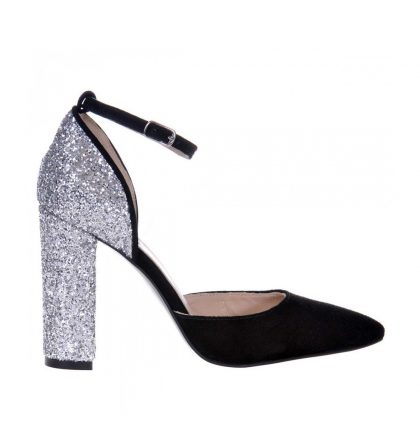 Pantofi piele intoarsa neagra toc glitter argintiu