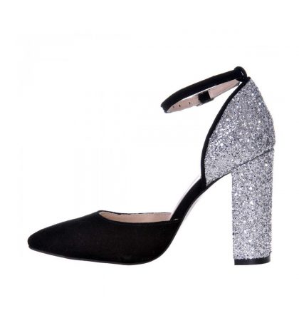 Pantofi piele intoarsa neagra toc glitter argintiu