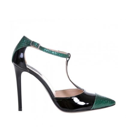 Pantofi stiletto piele lacuita neagra piele imprimeu verde