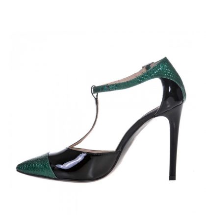 Pantofi stiletto piele lacuita neagra piele imprimeu verde