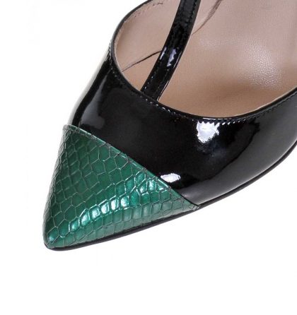 Pantofi stiletto piele lacuita neagra piele imprimeu verde