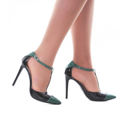 Pantofi stiletto piele lacuita neagra piele imprimeu verde