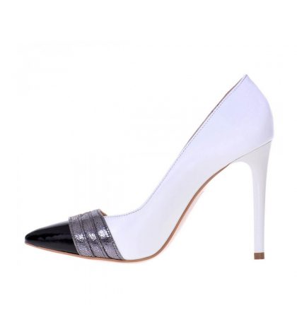 Pantofi stiletto piele alba piele neagra