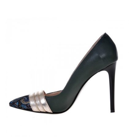 Pantofi stiletto piele verde insertii multicolore