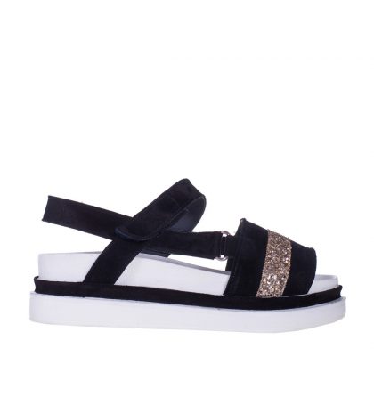 Sandale joase piele intoarsa neagra si glitter