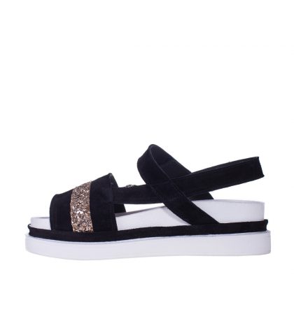 Sandale joase piele intoarsa neagra si glitter