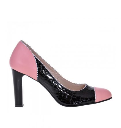 Pantofi office piele roz piele negru croco