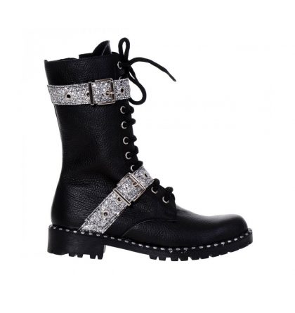 Bocanci negri dama piele naturala glitter argintiu