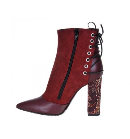 Botine toc gros piele grena bordo piele imprimeu