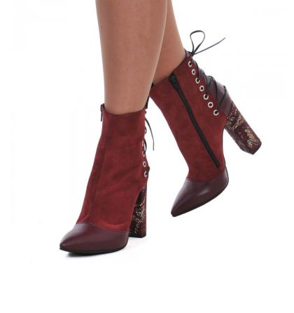 Botine toc gros piele grena bordo piele imprimeu