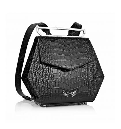 Rucsac hexagonal piele neagra imprimeu croco