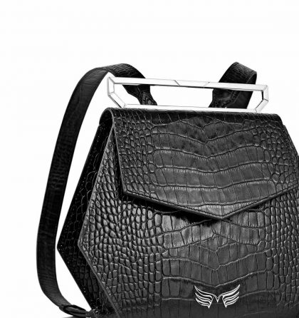 Rucsac hexagonal piele neagra imprimeu croco