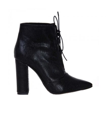 Botine toc gros piele naturala neagra cu imprimeu