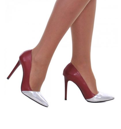 Pantofi stiletto piele bordo piele argintie