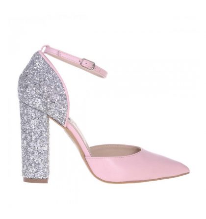 Pantofi piele roz pal toc gros glitter