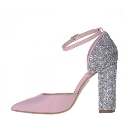 Pantofi piele roz pal toc gros glitter