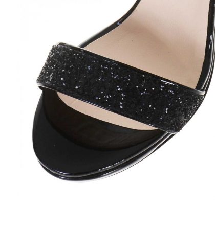 Sandale inalte glitter negru si piele lacuita neagra