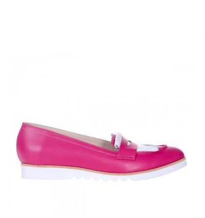 Loafers dama piele naturala roz fucsia piele alba